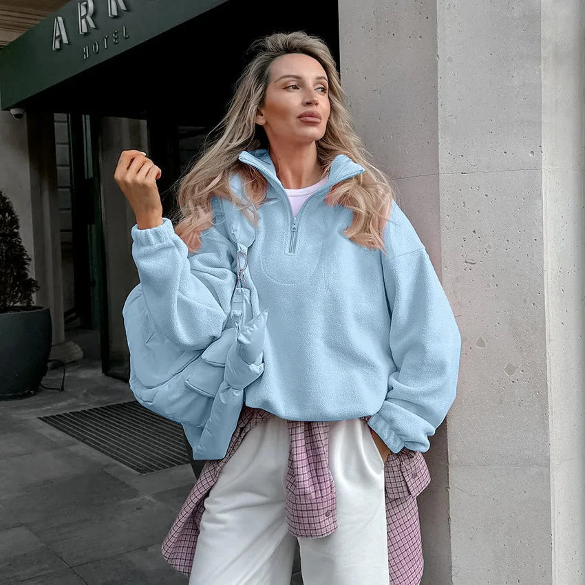 Damen-Fleece-Sweatshirt mit Reißverschluss, Stehkragen, lockerem Schnitt