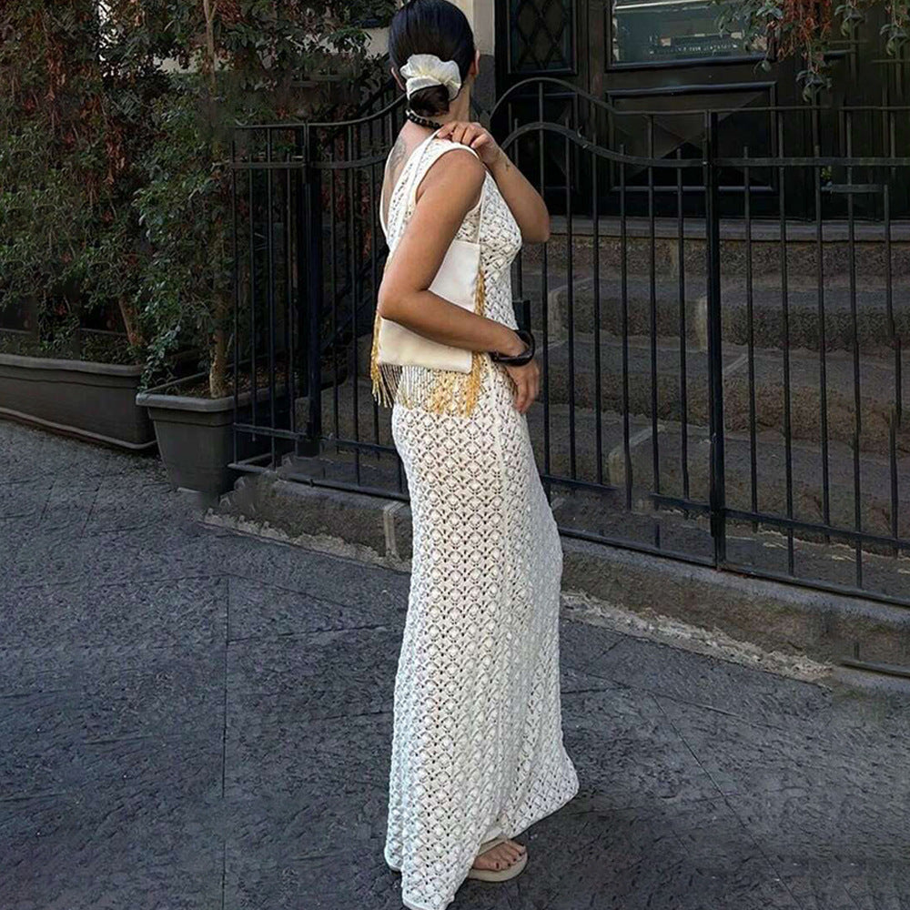 Häkelstrick Maxikleid mit offenem Rücken Weiß