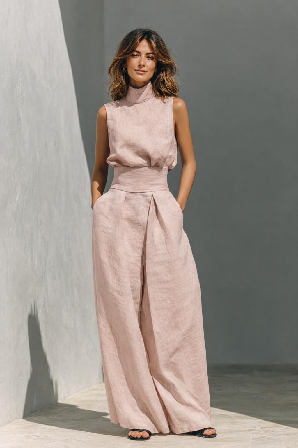 Maria - Minimalistisches Set aus Baumwoll-Leinen-Tanktop und weitem Hosenbein