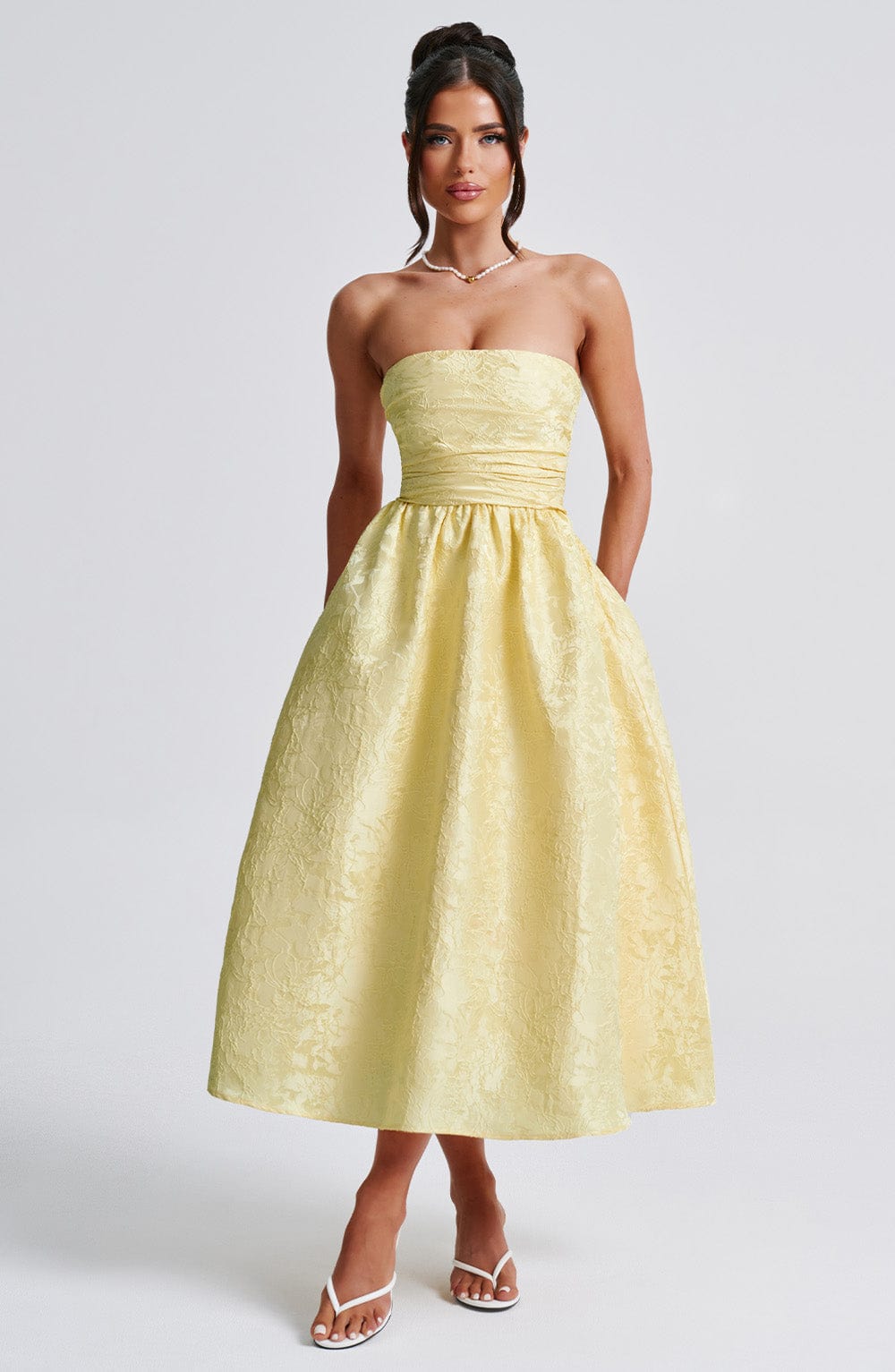 Floral Jacquard Trägerloses Midi-Kleid Zitrone