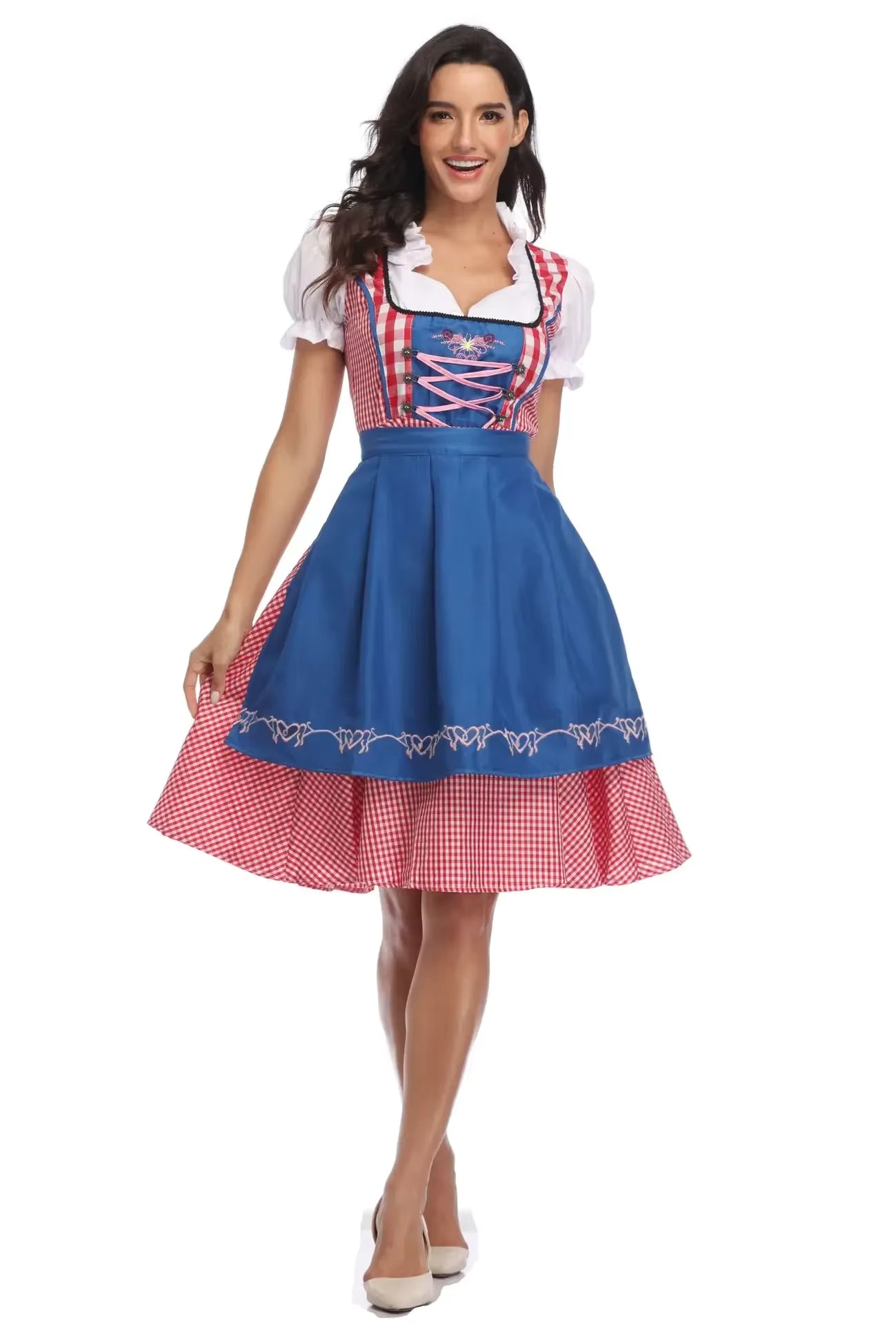 Damen Karo Oktoberfest Dirndlkleid mit Schürze