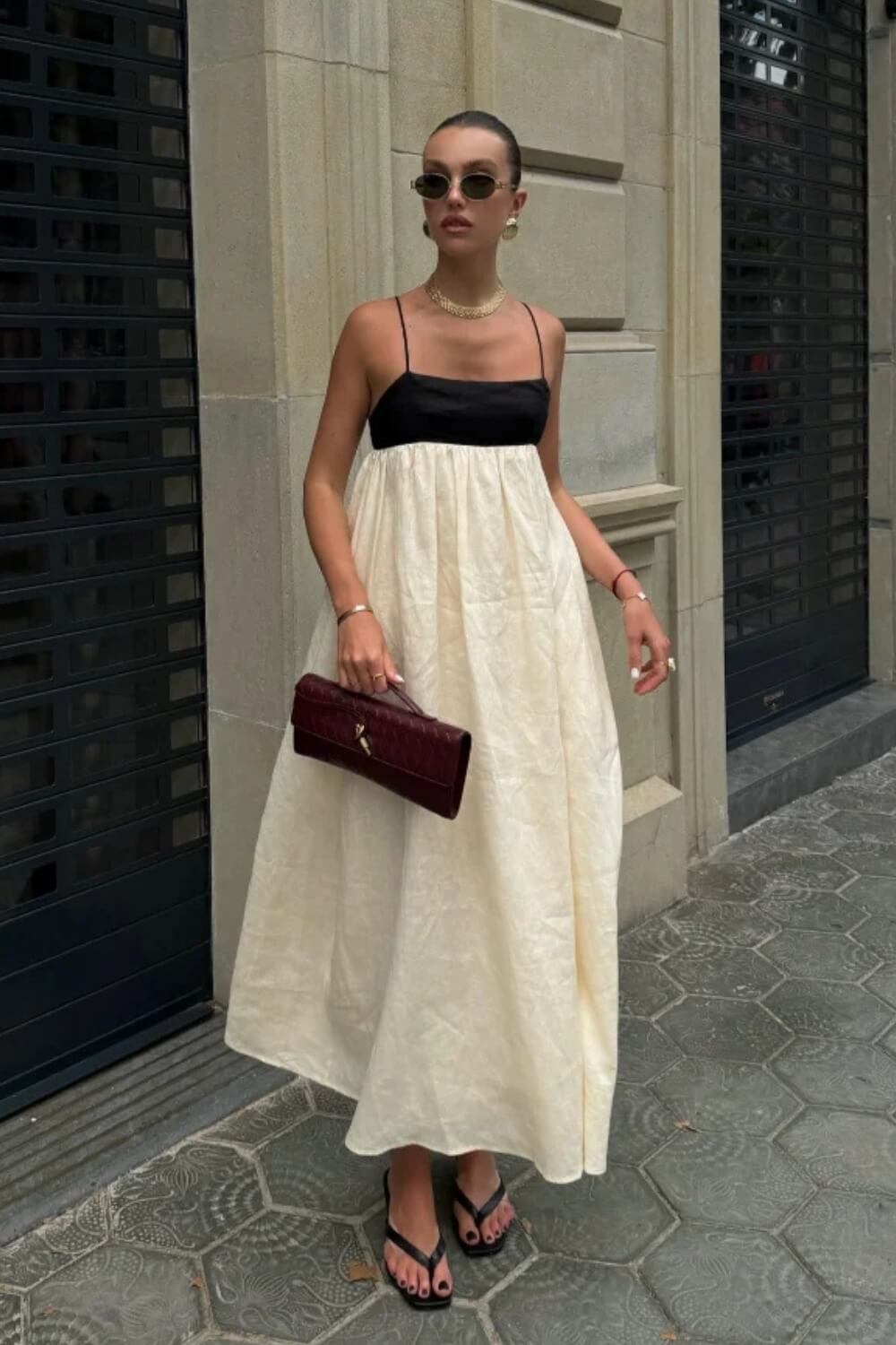 Leinenmischung Lässiges Midi-Kleid Schwarz und Weiß