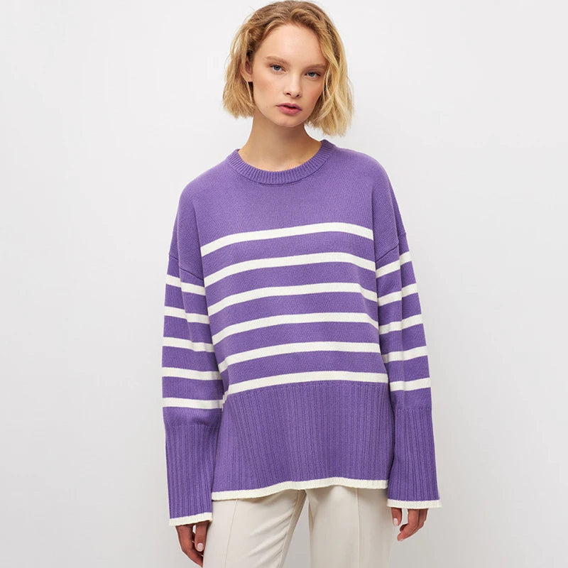 Damen Oversize Gestreifter Strickpullover