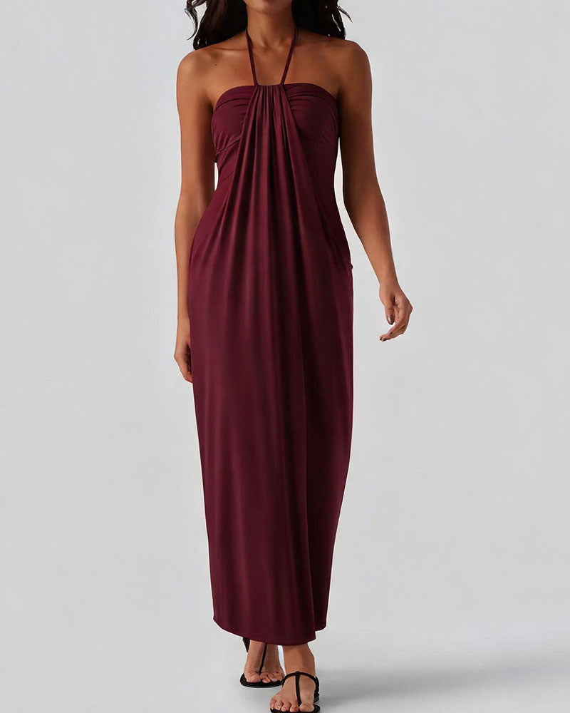 Damen Maxikleid Mit Halterneck Und Drapierter Wickeloptik