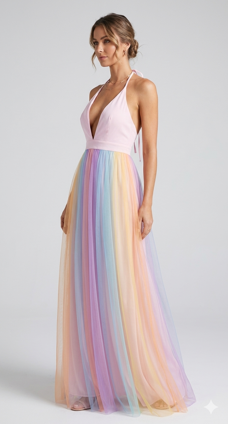 Buntes Damen Midikleid mit Spaghettiträgern und Regenbogenprint, Frontdetail