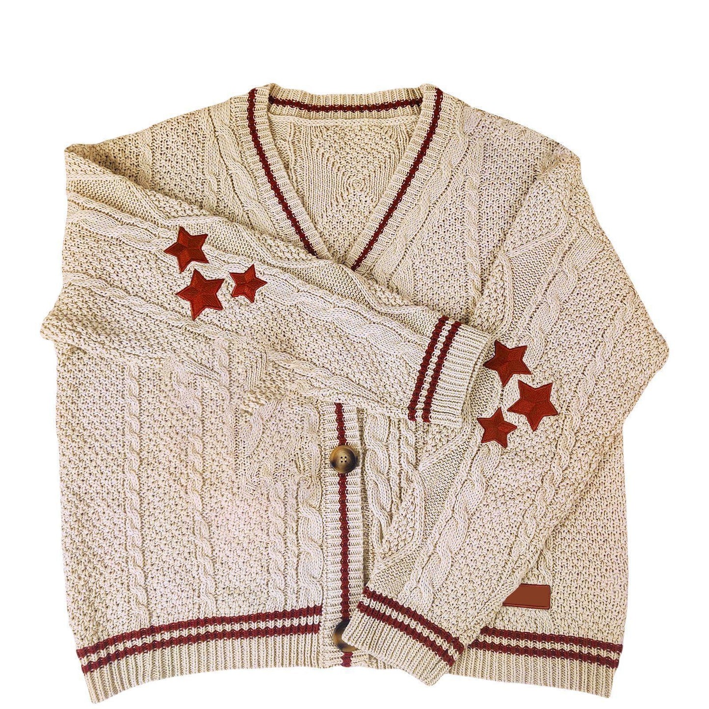 Damen Oversized Zopfmuster Cardigan Mit Sternapplikationen