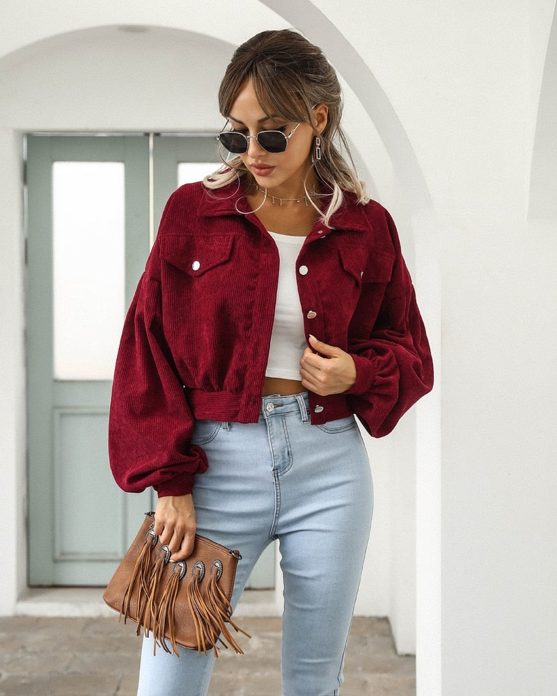 Damen Cropped Jacke Mit Taschen Und Knöpfen