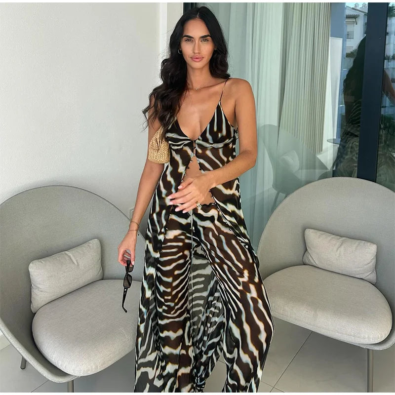Women's Set of Sheer Zebra-Print Chiffon Wide-Leg Pants in Blue