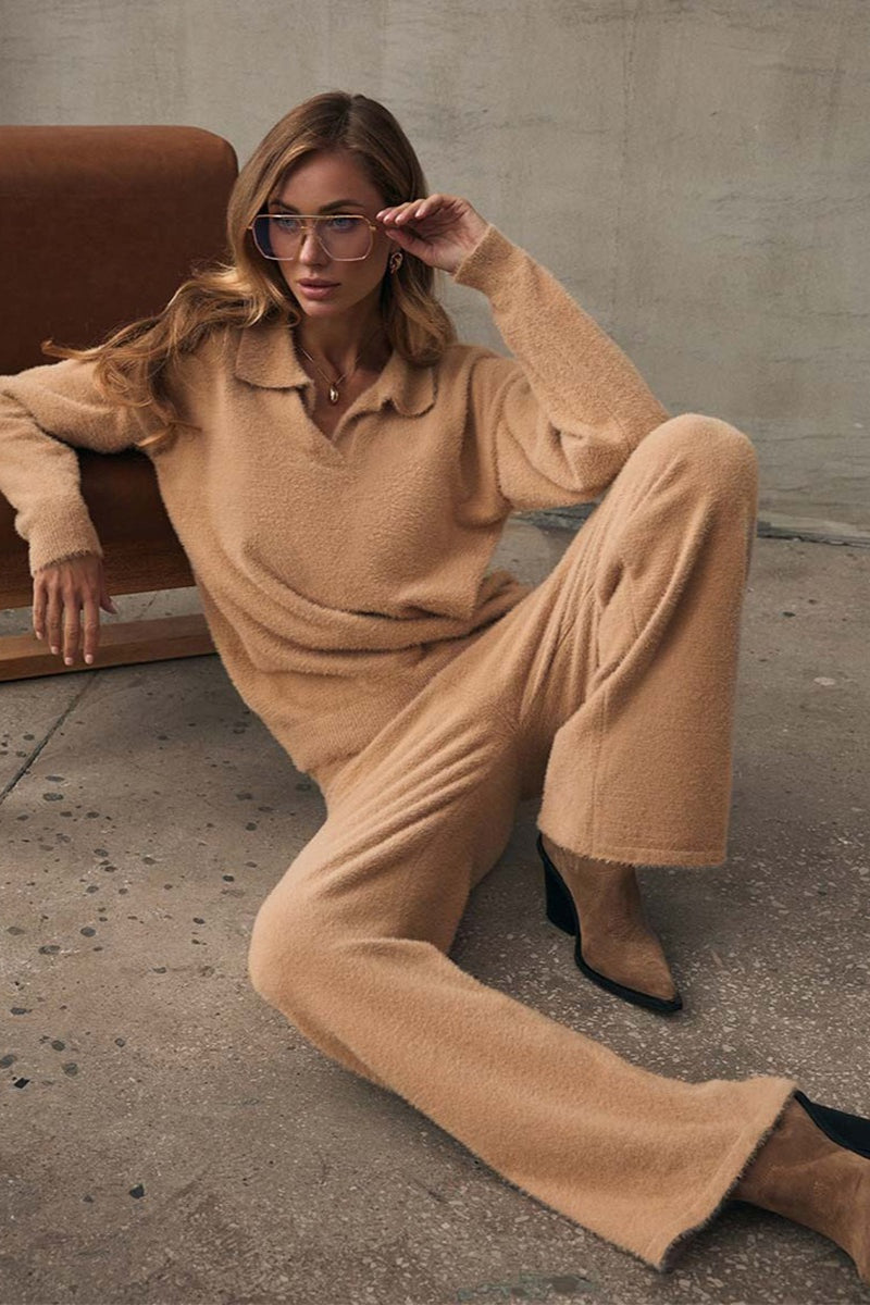 Kunstfell Pullover Set Mit Polo Kragen Und Weiter Hose