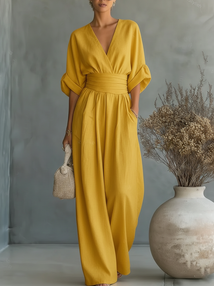 Eleganter V-Ausschnitt Jumpsuit mit hoher Taille und lockerem Sitz für Damen