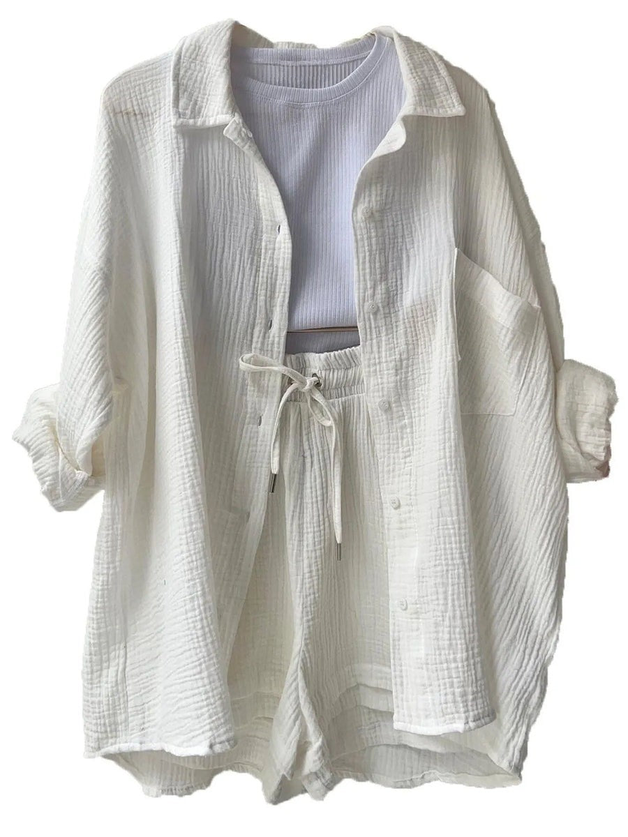 Damen Sommer Set Mit Plissierter Struktur Und Knopfdetail