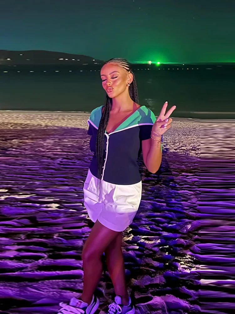 Damen Strickoberteil mit Reverskragen und kurzen Ärmeln in Marineblau