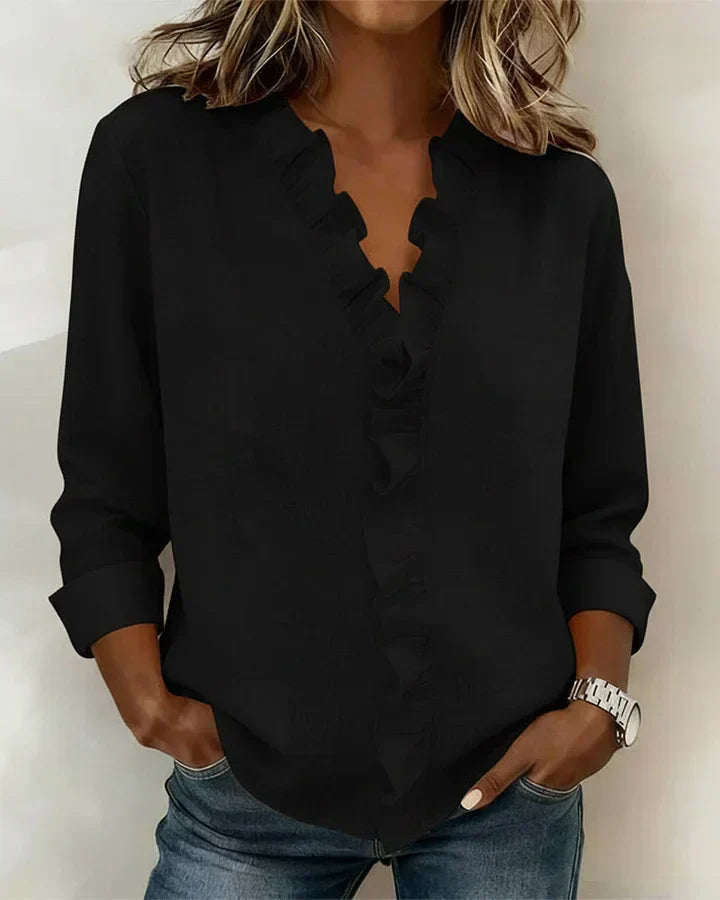 Bluse mit Rüschen und V-Ausschnitt, langärmlig