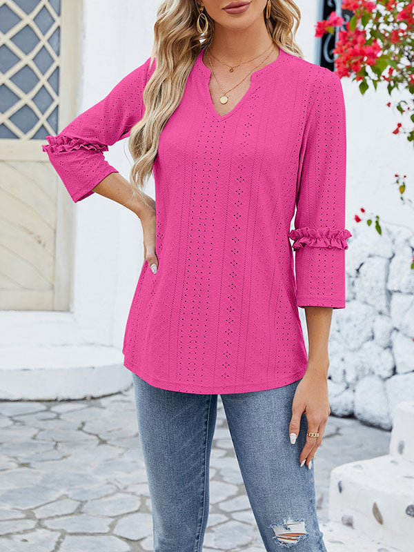 Damen T Shirt Jacquard Mit V Ausschnitt Und 3 4 Ärmeln