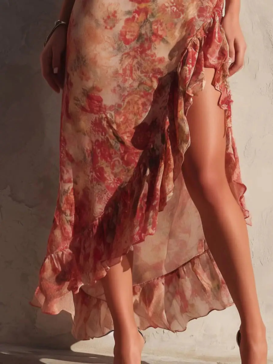 Asymmetrisches Kleid mit Blumenmuster, Rüschen und Schlitz