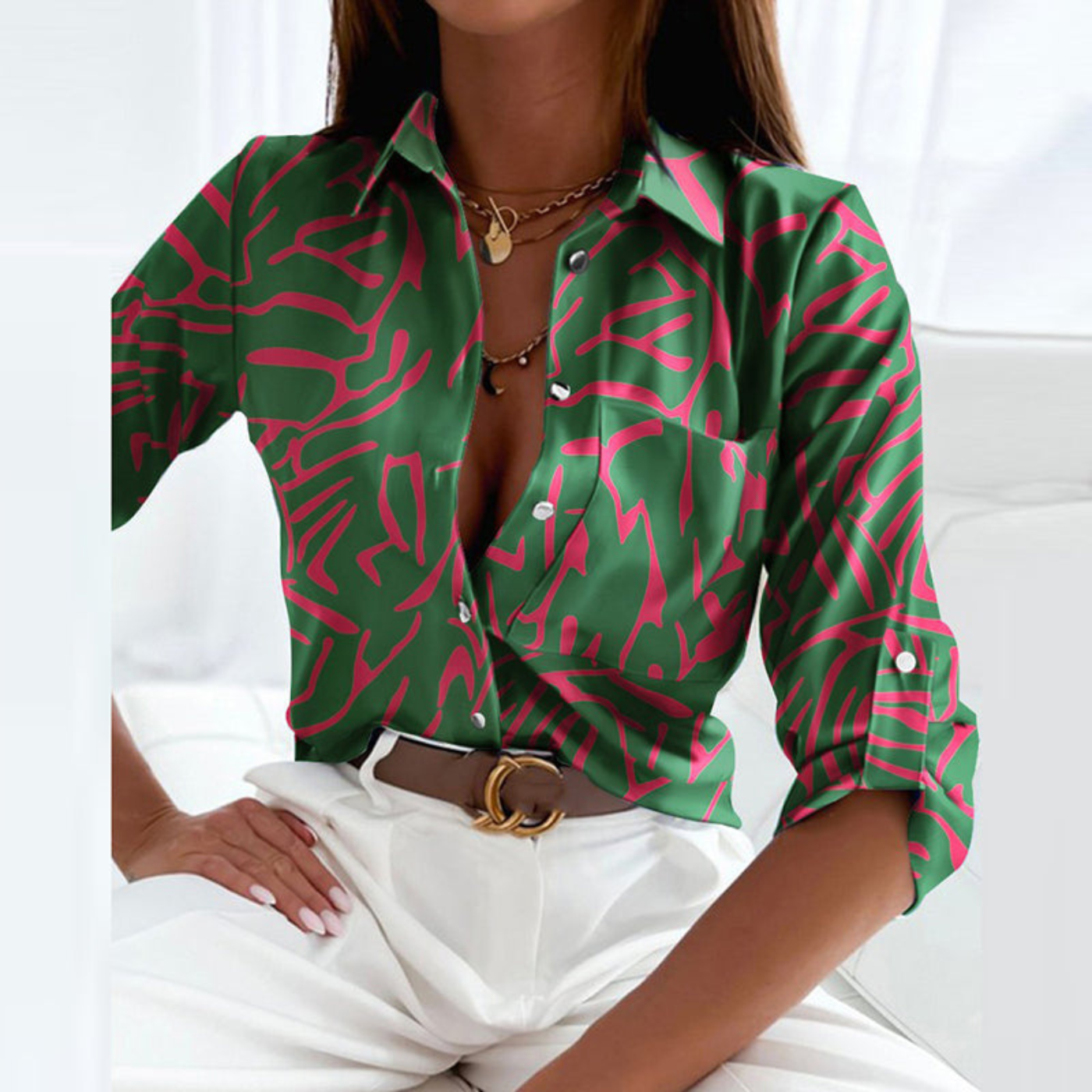 Damen Bluse Mit Geometrischem Print Und Knopfleiste