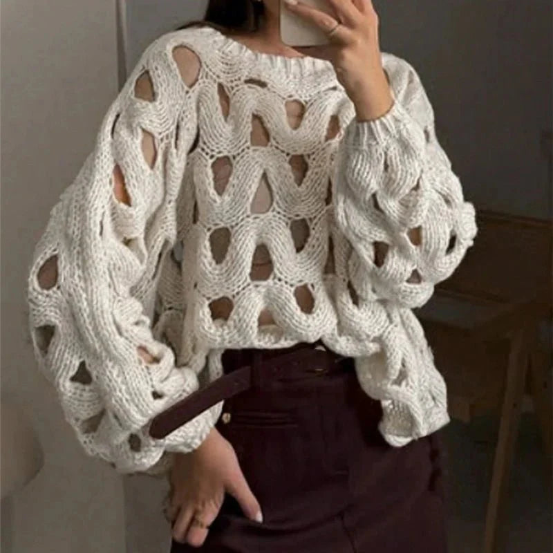 Langärmliger gehäkelter Strickpullover
