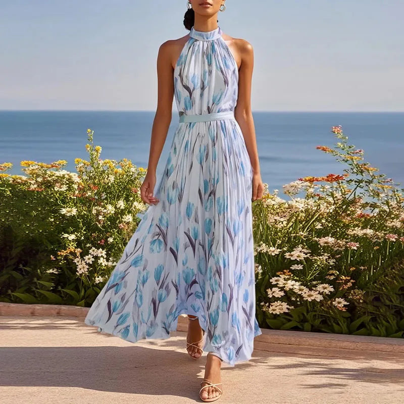 Langes Damenkleid mit floralem Muster und Neckholder für Frühling und Sommer