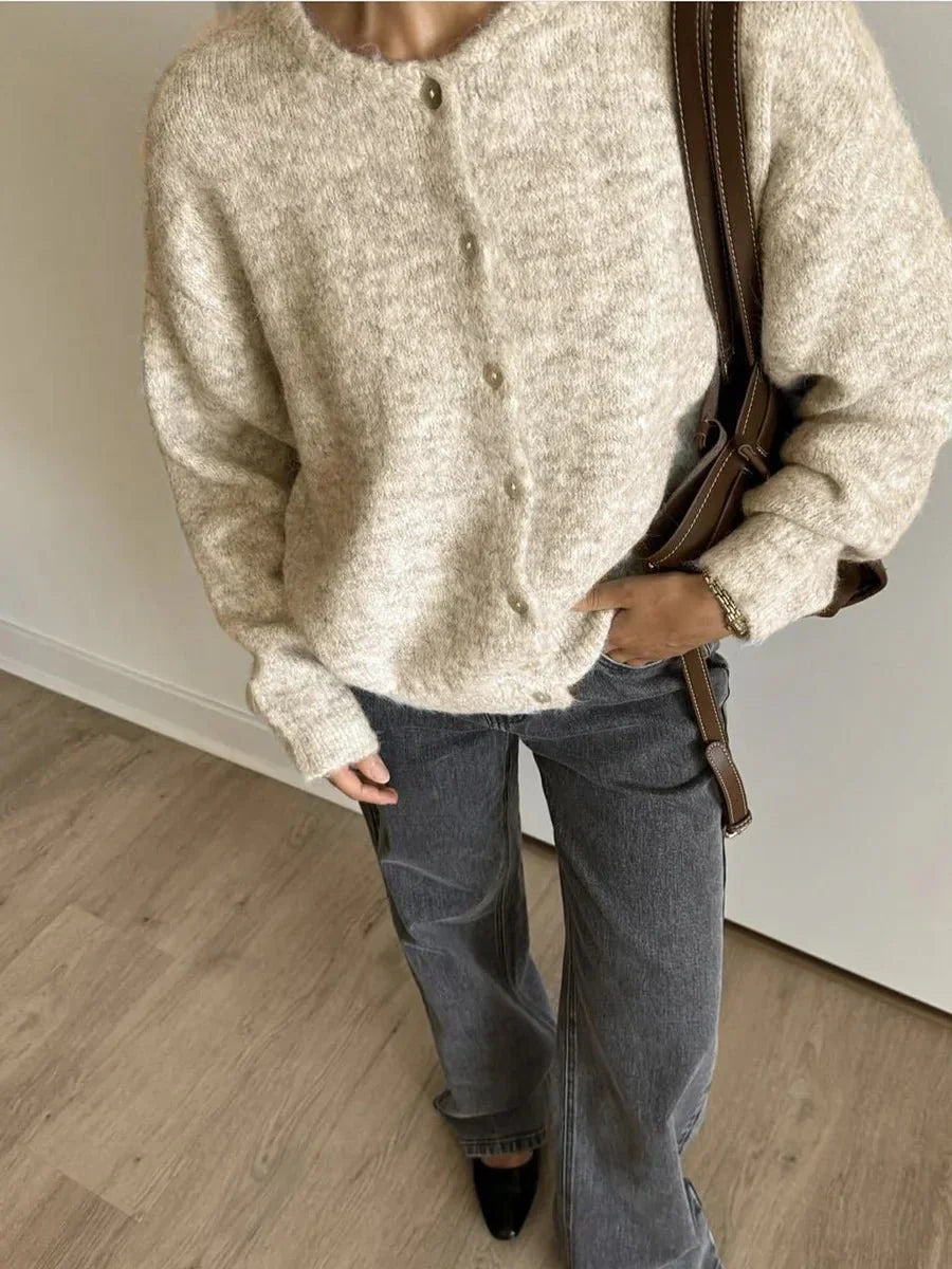 Damen Strickcardigan Mit Rundhals Und Knopfleiste
