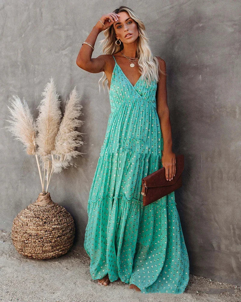 Boho Chic grünes langes Sommerkleid