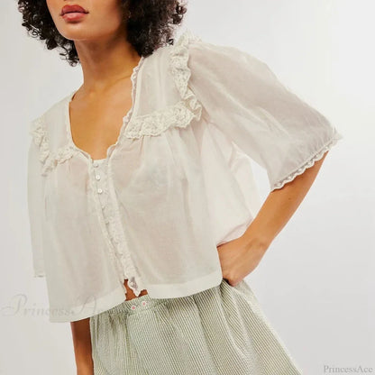 Women's Chiffon Ruffle Lace Trim Low Cut Blouse