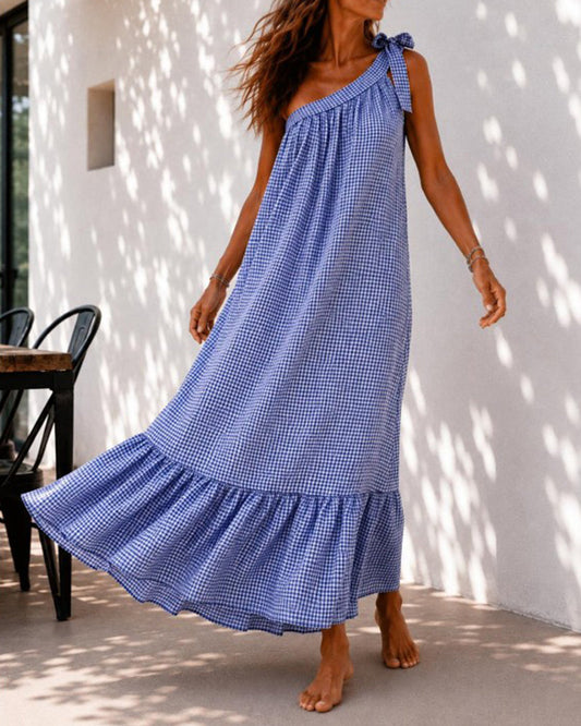 Damen Maxikleid mit One-Shoulder-Ausschnitt und Rüschen in voller Länge