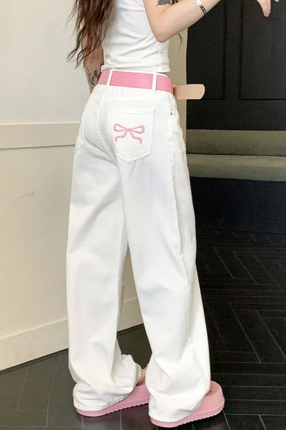 Damen Wide Leg Jeans mit Stickerei in Rosa, ganz dargestellt