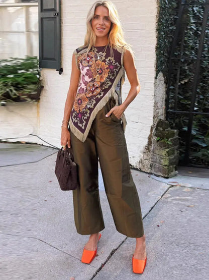 Damen Satin-Ärmellose Bluse mit Blumenmuster und Fransenbesatz in Rotweinfarben