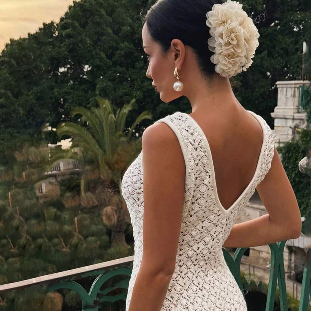 Häkelstrick Maxikleid mit offenem Rücken Weiß