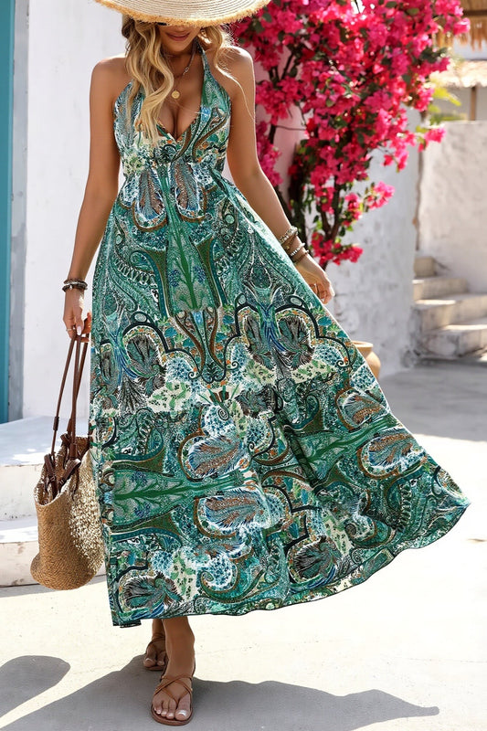 Damen-Maxikleid mit Paisley-Print und Halterneck in voller Ansicht