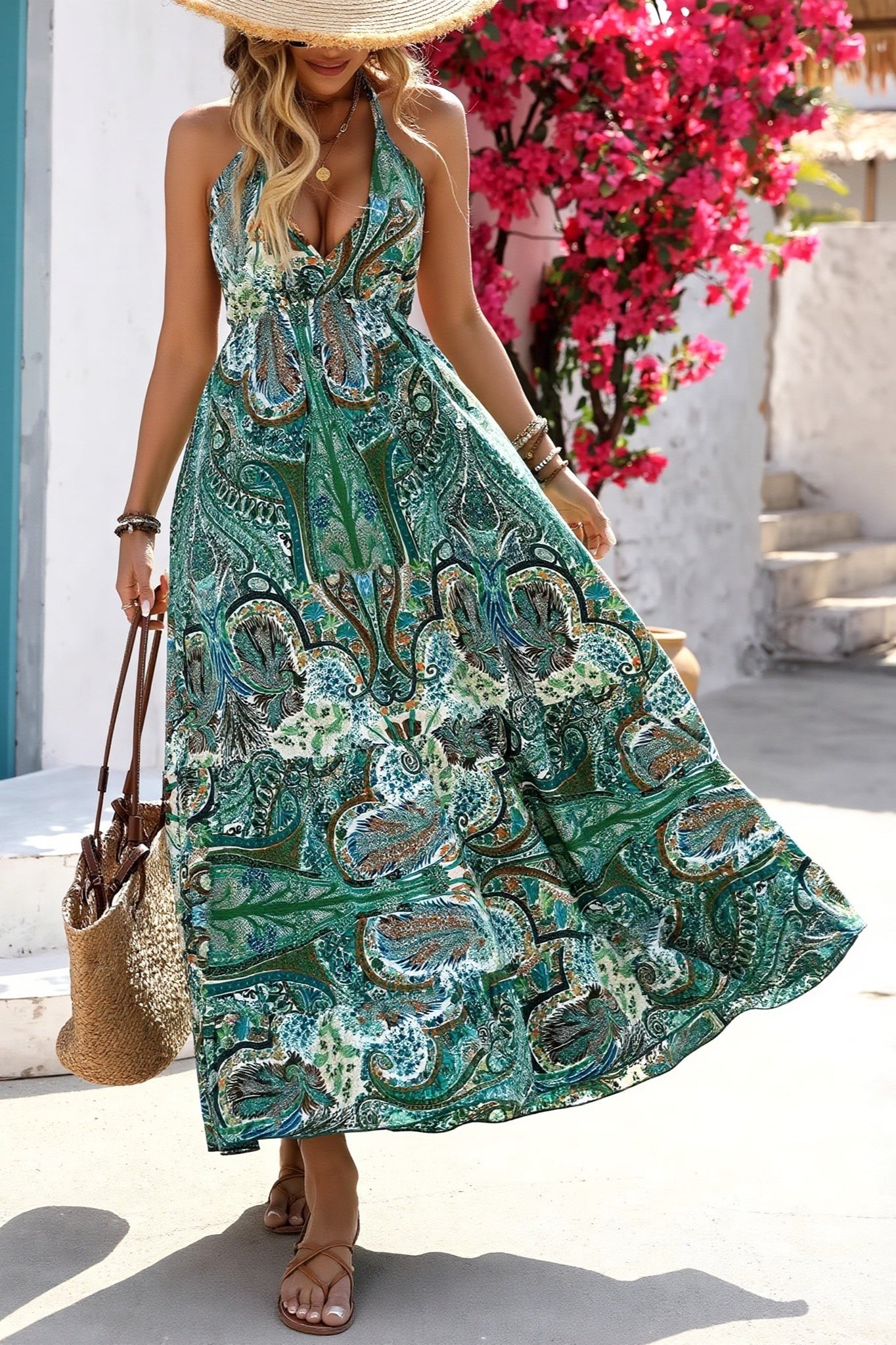 Damen Maxikleid Mit Paisley Print Und Halterneck