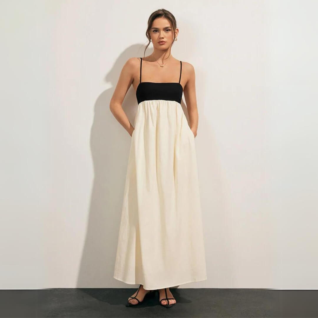 Leinenmischung Lässiges Midi-Kleid Schwarz und Weiß