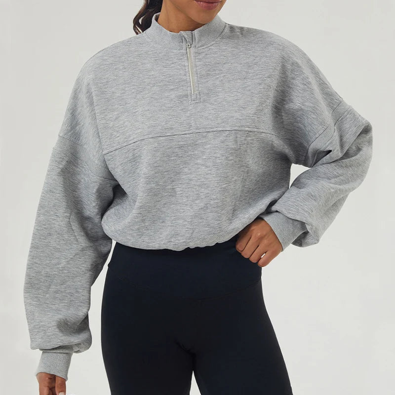 Damen Oversized Sweatshirt aus Baumwollmischung mit halbem Reißverschluss