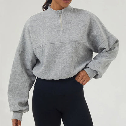Damen Oversized Sweatshirt aus Baumwollmischung mit halbem Reißverschluss
