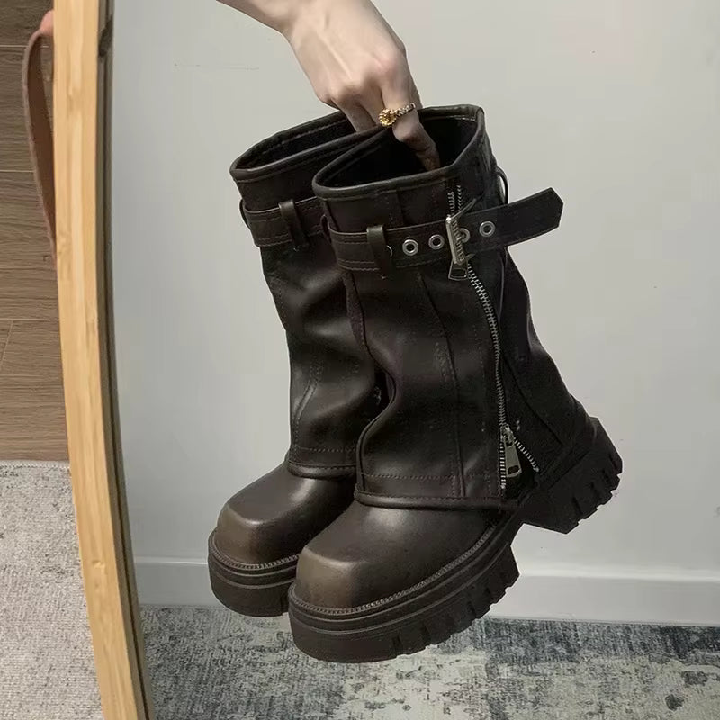 Women's Biker Boots Platform Flat Buckle Ankle Boots
