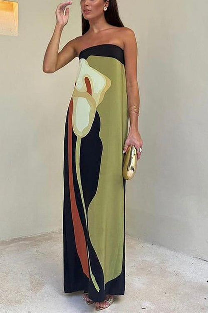 Elegantes schulterfreies Maxikleid für Damen mit abstraktem Allover-Print