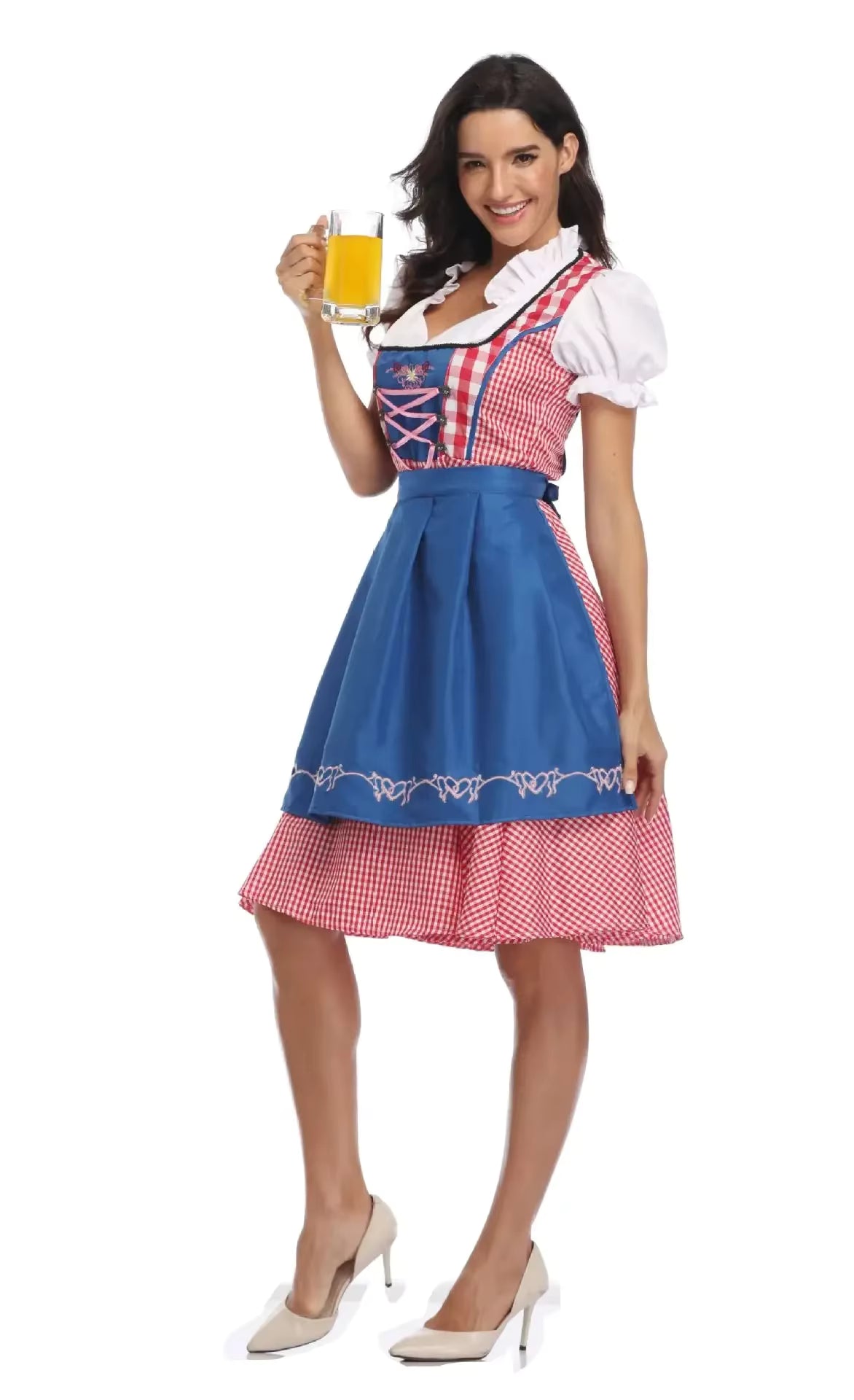 Damen Karo Oktoberfest Dirndlkleid mit Schürze