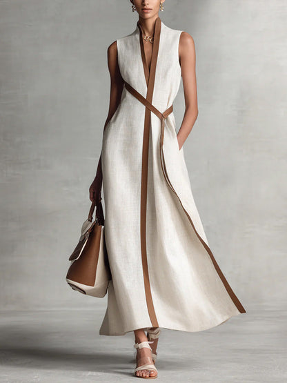 Ärmelloses Damenkleid mit Stehkragen aus Baumwoll-Leinen, Freizeitkleid