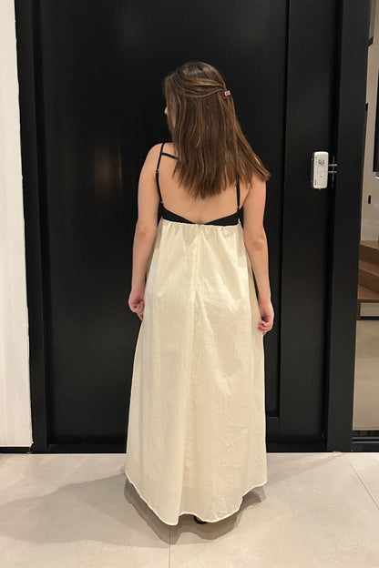 Leinenmischung Lässiges Midi-Kleid Schwarz und Weiß