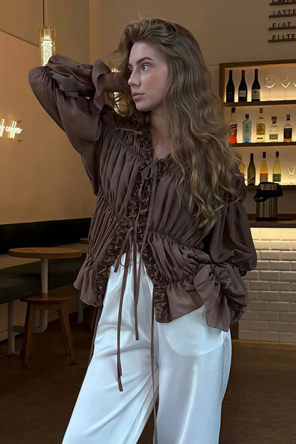 Gerüschte Rüschenbluse mit Bindeband und V-Ausschnitt für Damen