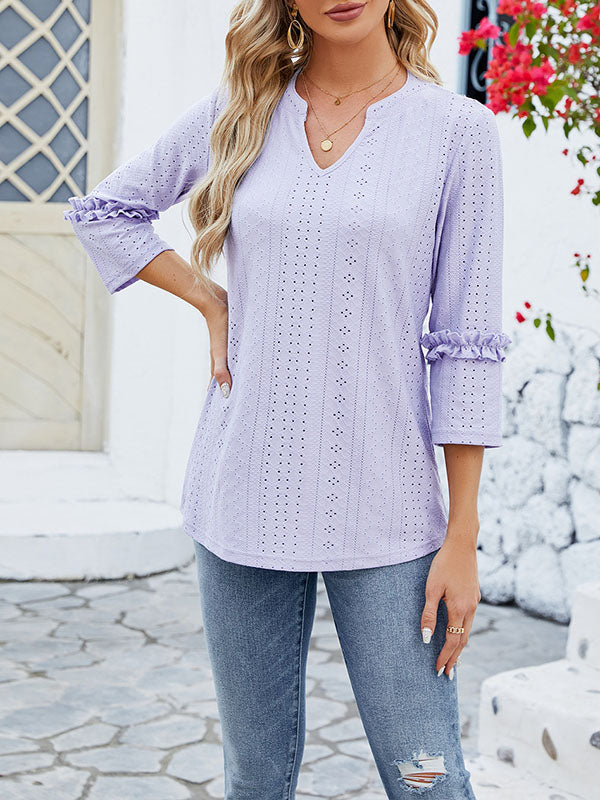 Damen T Shirt Jacquard Mit V Ausschnitt Und 3 4 Ärmeln
