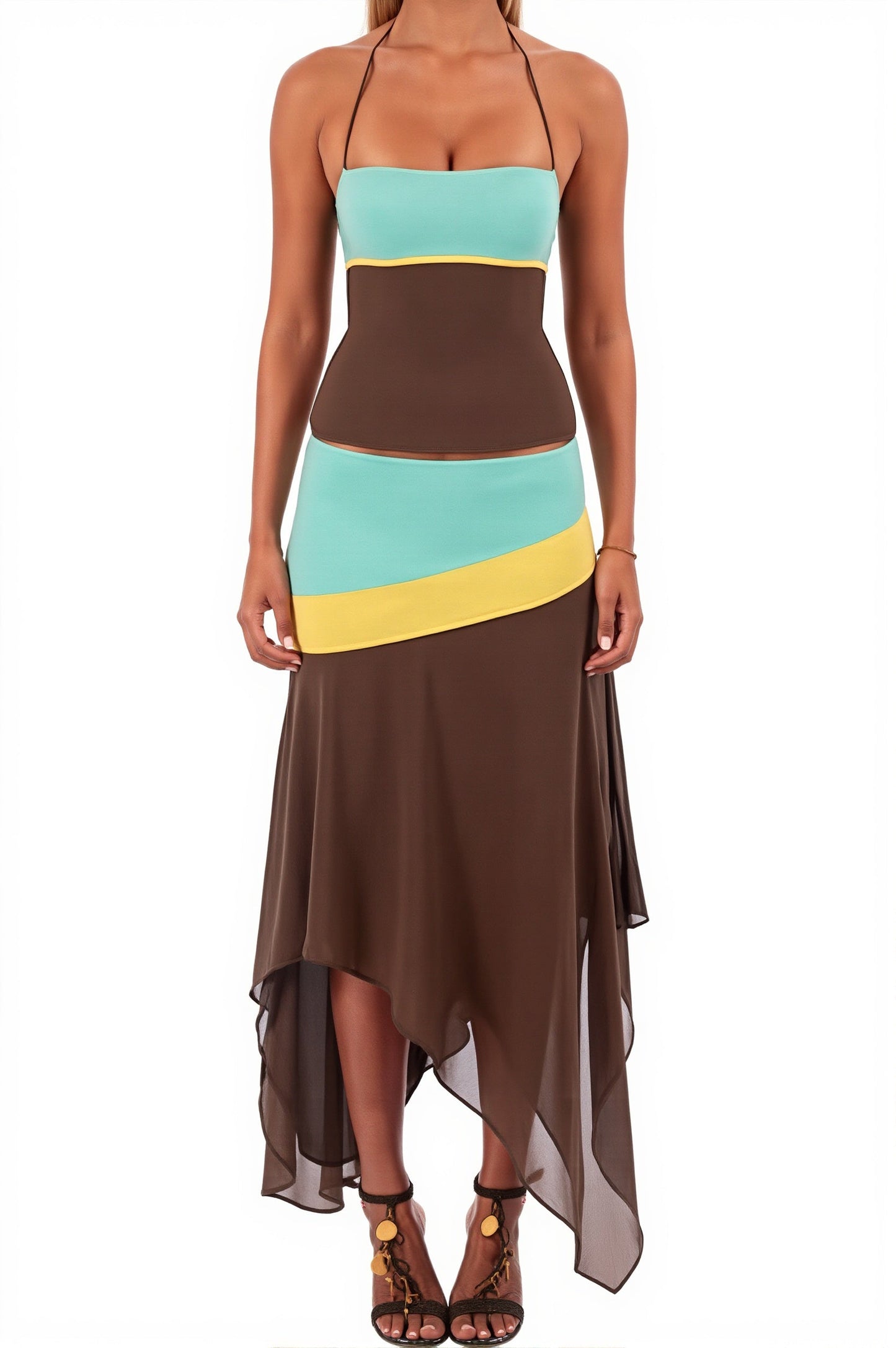 Modernes Damen Set mit Colorblock-Muster und asymmetrischem Rock