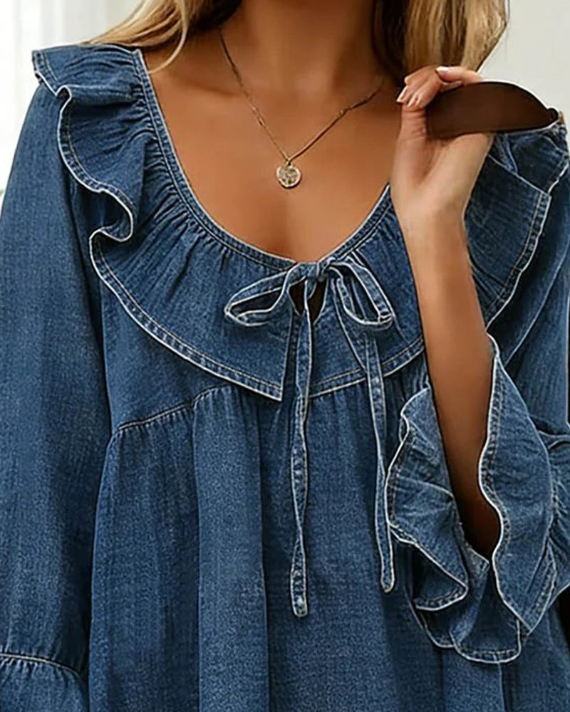 Bluse mit Rüschendetail im Denim-Look Blau