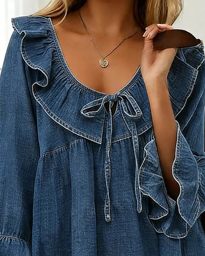 Bluse mit Rüschendetail im Denim-Look Blau