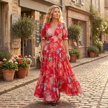 Minelda™ - Elegantes Blumenmuster Kleid mit V-Ausschnitt