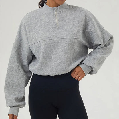 Damen Oversized Sweatshirt aus Baumwollmischung mit halbem Reißverschluss