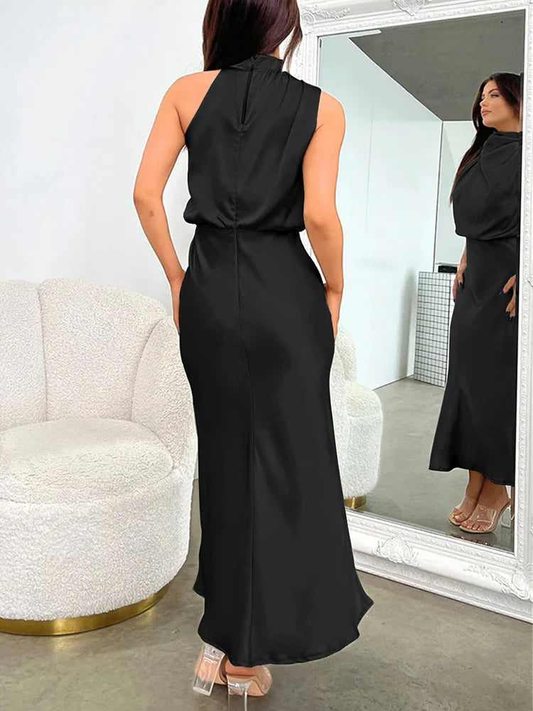 Damen Satin Midi Kleid mit asymmetrischem Ausschnitt