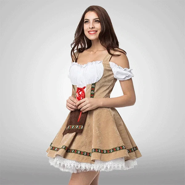 Women Velvet Lace Embroidery Oktoberfest Dirndl Dress Red