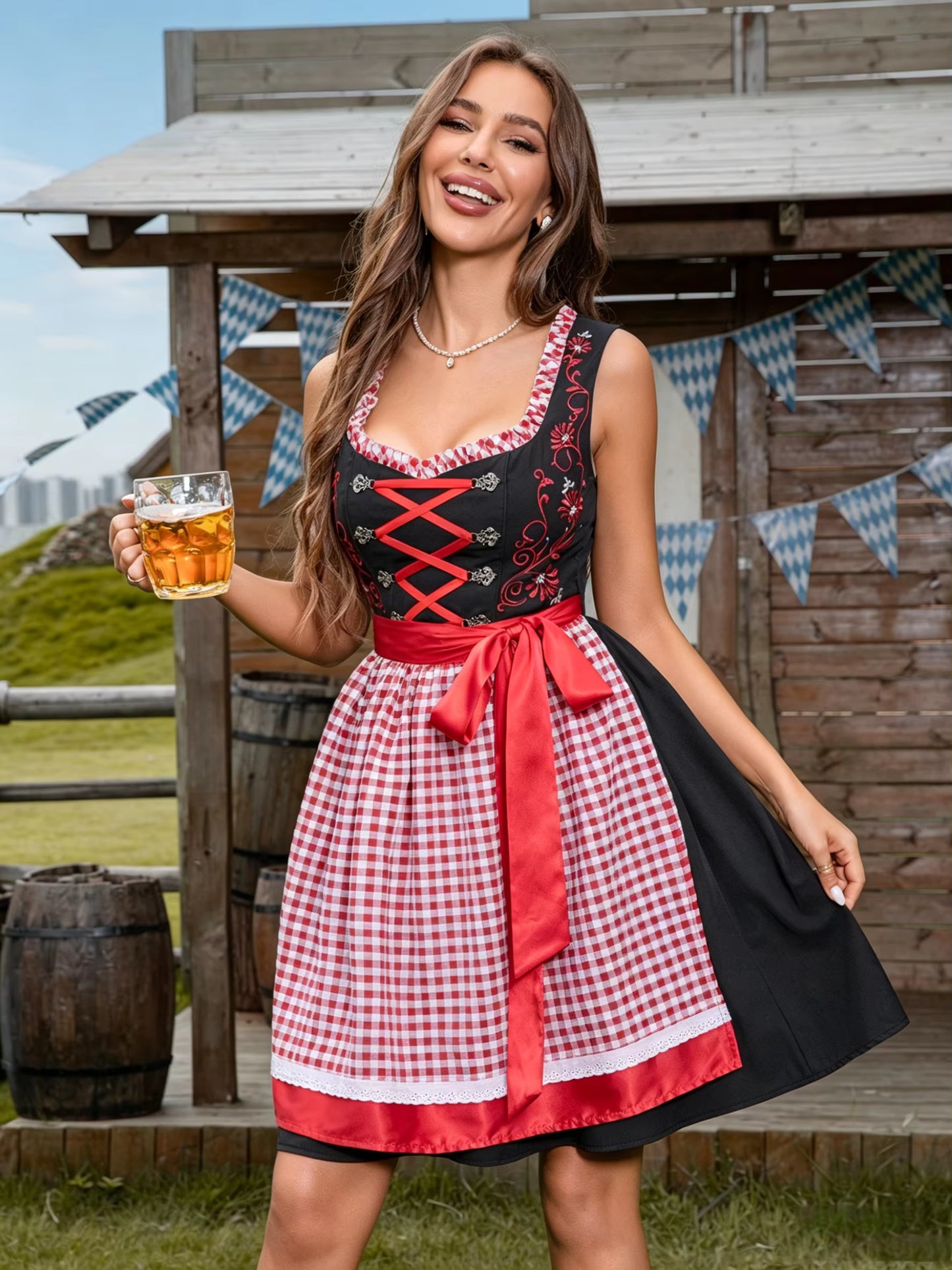 Damen ärmelloses kariertes Oktoberfest-Dirndl Kleid Schwarz