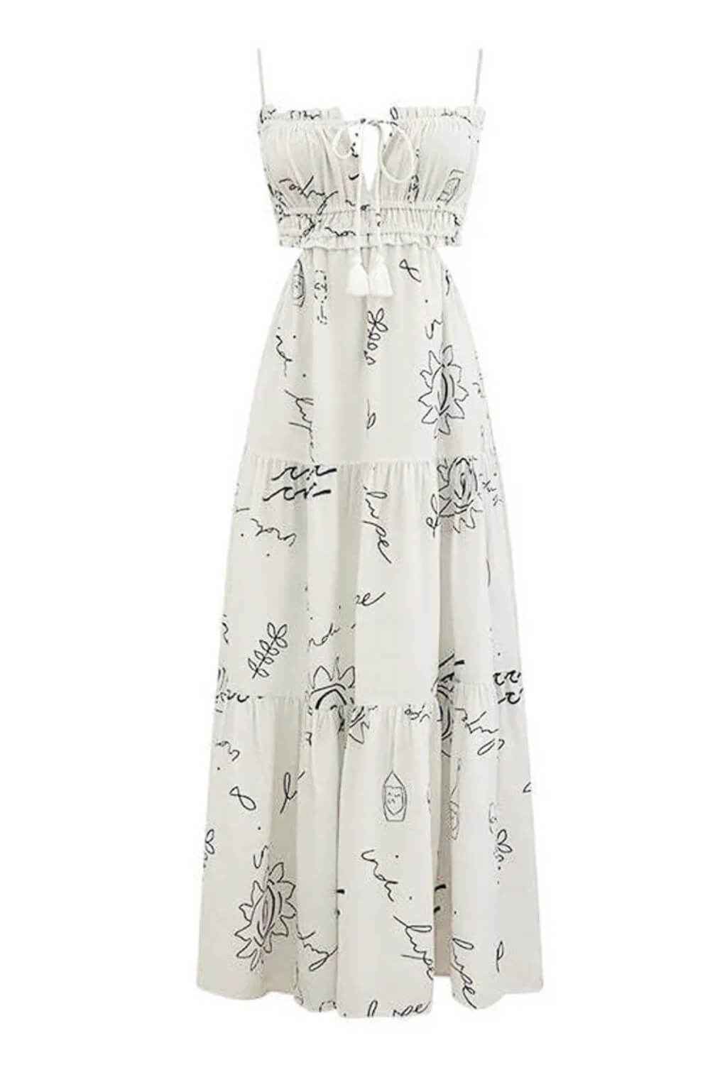 Bedrucktes Midi-Kleid aus Polyester mit Spaghettiträgern in Weiß